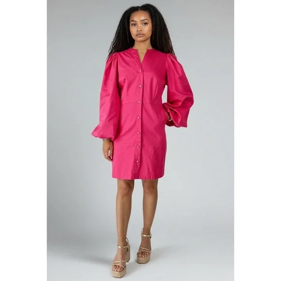 ALDEN ADAIR Hot Pink Button Front Puff Sleeve Mini Dress Size L - Picture 4 of 13